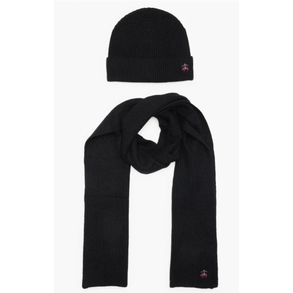BROOKS BROTHERS Merino Wool Cashmere Black Ribbed Beanie Hat and Scarf Set NEW